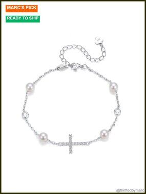 Sterling Silver Lab Grown Diamond Cross Pearl Station Bracelet Women